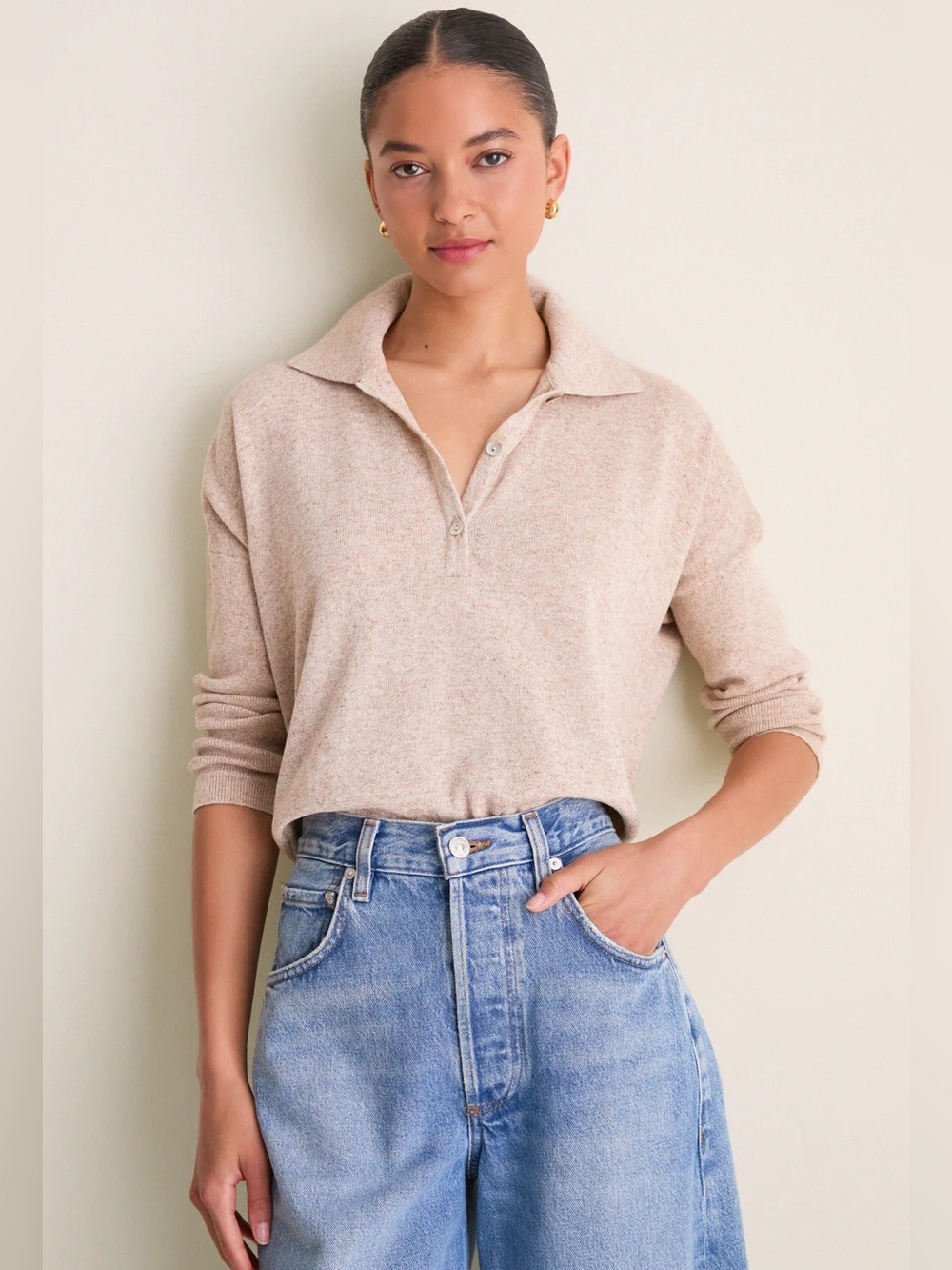 Tuckernuck Clayton Polo Top Large Tan Long Sleeve Collared Minimalist Neutral